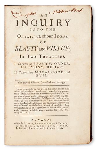 HUTCHESON, FRANCIS.  An Inquiry into the Original of Our Ideas of Beauty and Virtue . . . Second Edition.  1726.